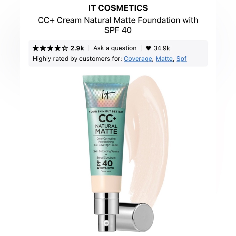 IT Cosmetics CC+ Natural Matte Foundation SPF 40 - Fair Porcelain